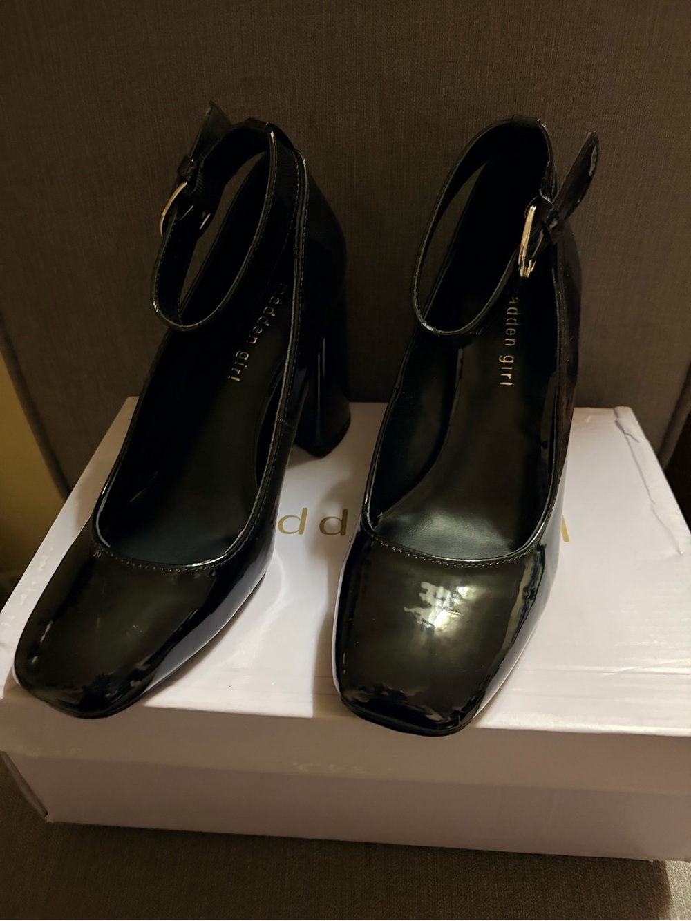 whish Black Patent Ankle-Strap Block Heels
